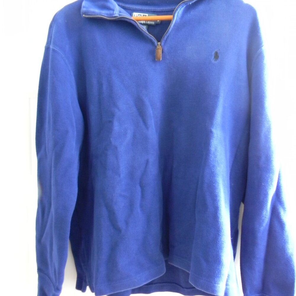 Mens Polo Ralph Lauren Blue 1\4 Zip Pullover w\Leather Zip Pull Size L